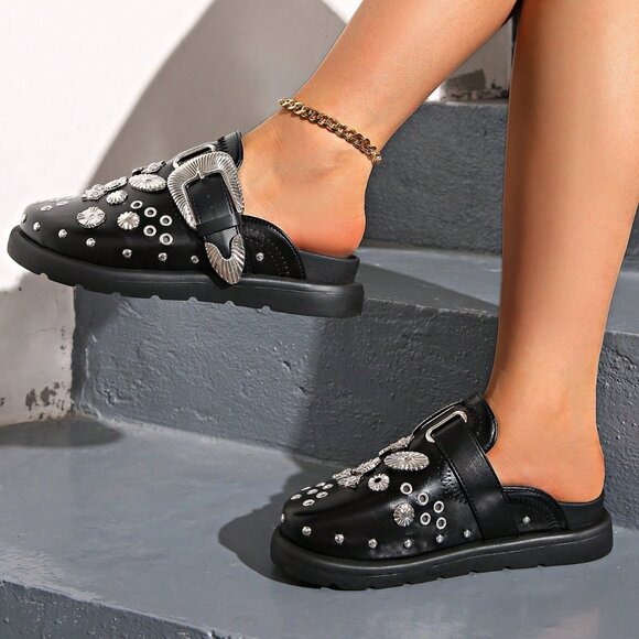 Black Punk Women's Riveted Loafers - Picture 2 of 7